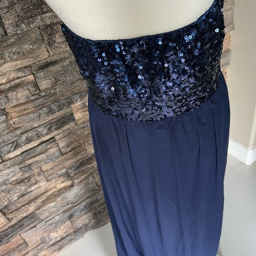 Navy Blue Sequin Strapless Prom Gown - Picture 3 of 4